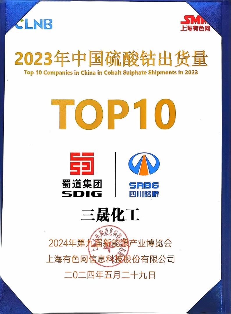 TOP10！矿业集团浙江三晟公司荣登SMM中国硫酸钴出货量榜单